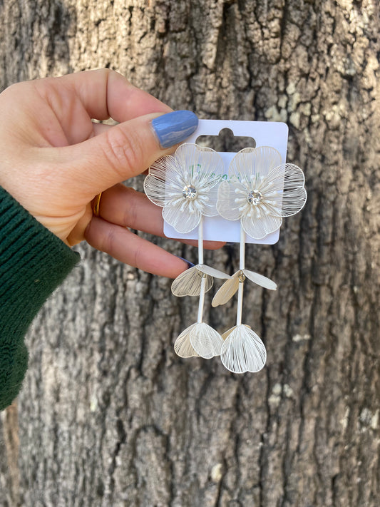 White Flower Metal Drop Earrings